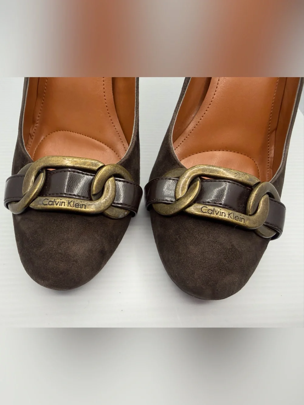 Calvin Klein Dark Brown Suede Pumps with Gold Chain Accent